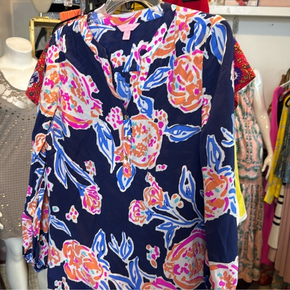 Lilly Pulitzer Navy Print Alexandra Silk Top SM